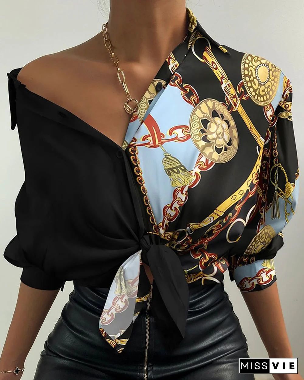 Women Spring Autumn Fashion Elegant Chain Print Button Design Lantern Sleeve Shirt Long Sleeve Sexy Casual Blouse