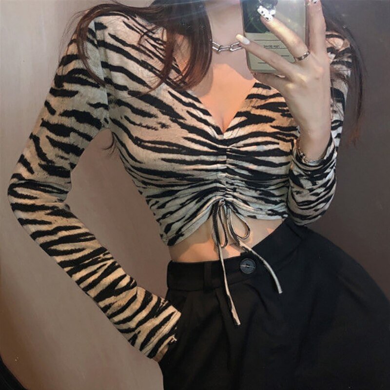 Zebra Stripe V Neck Sexy Crop Top Blouse Women Long Sleeve Lace Up Basic Tee Shirt Party Club Clothes Autumn 2021 New