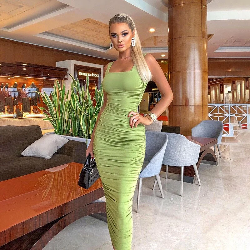 Women Sexy Bodycon Dress Summer 2020 Casual Sleeveless Backless Skinny Ruched Party Long Dresses Femme Clubwear Vestidos Clothes