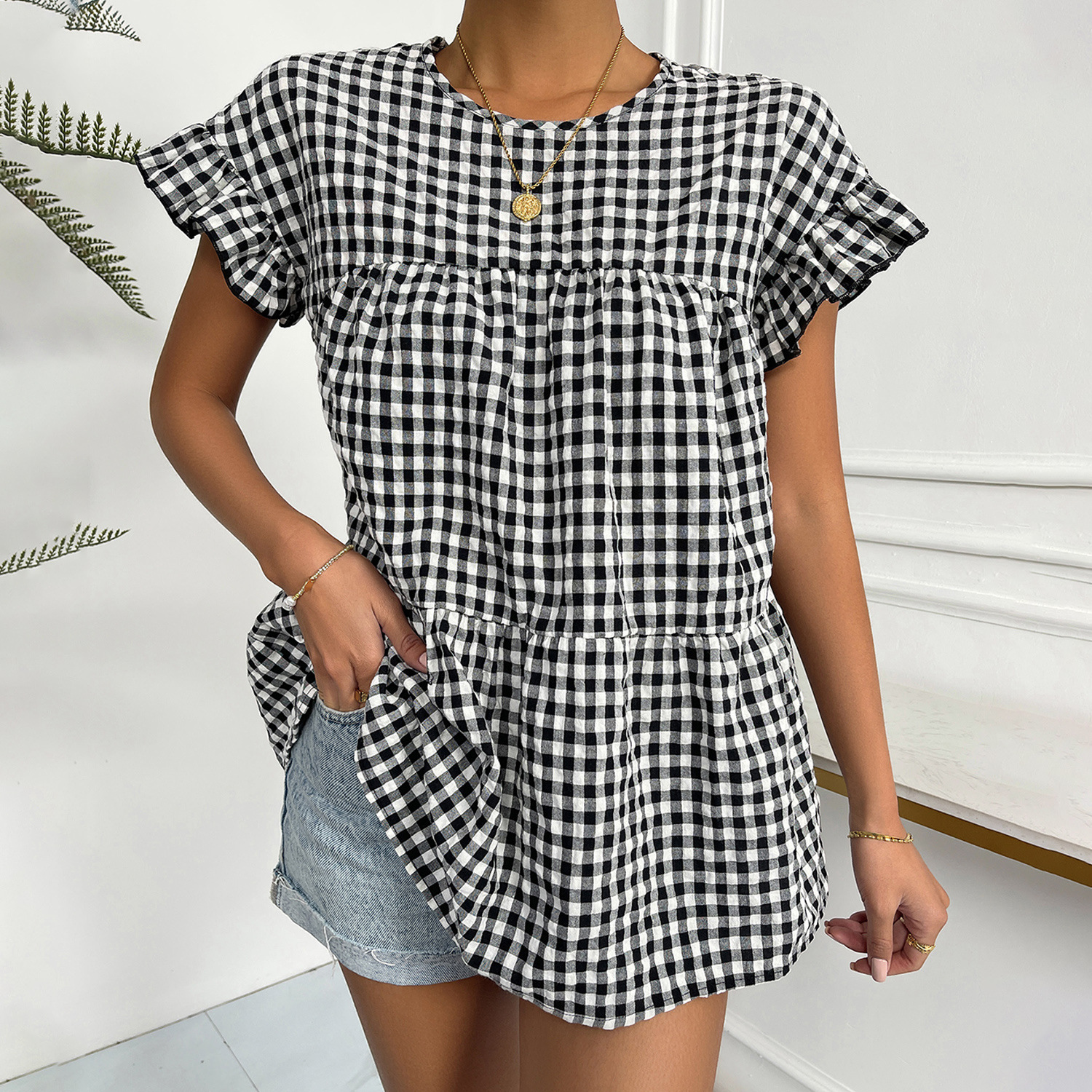 Women's Fashion Casual Elegant Ruffled O Neck Plaid Loose Blouse Top