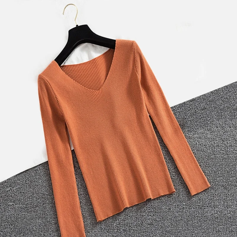 Zoki Sexy V Neck Women Pullover Sweater Fashion Autumn Winter Long Sleeve Knitted Jumper Top Casual Korean Slim Basic Blouse