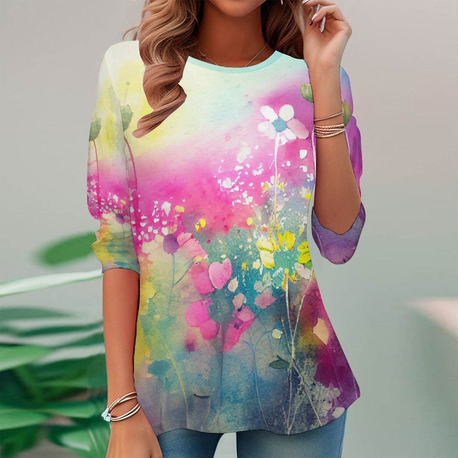 Women Long Sleeve V-neck Graphic Floral Printed Top