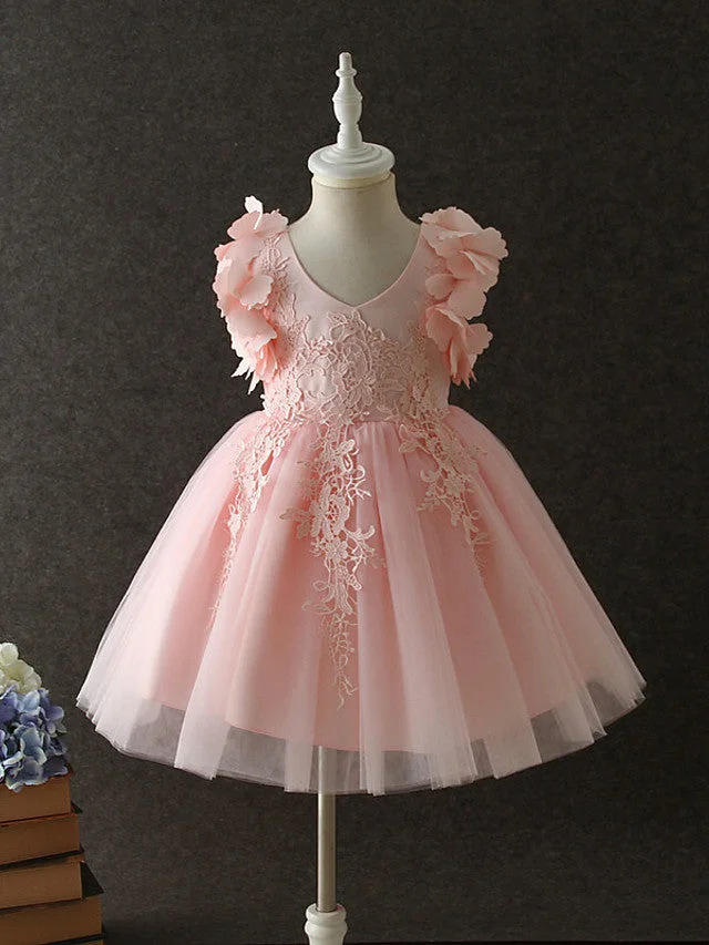 Daisda A-Line Long Sleeve  Sleeveless V Neck Flower Girl Dresses Organza Tulle Cotton With Solid Tiered