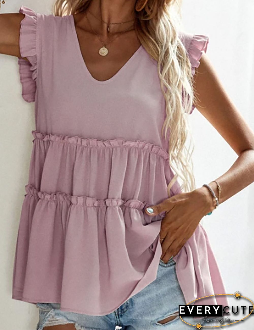 Light Pink V Neck Ruffles Sleeveless Tank Top