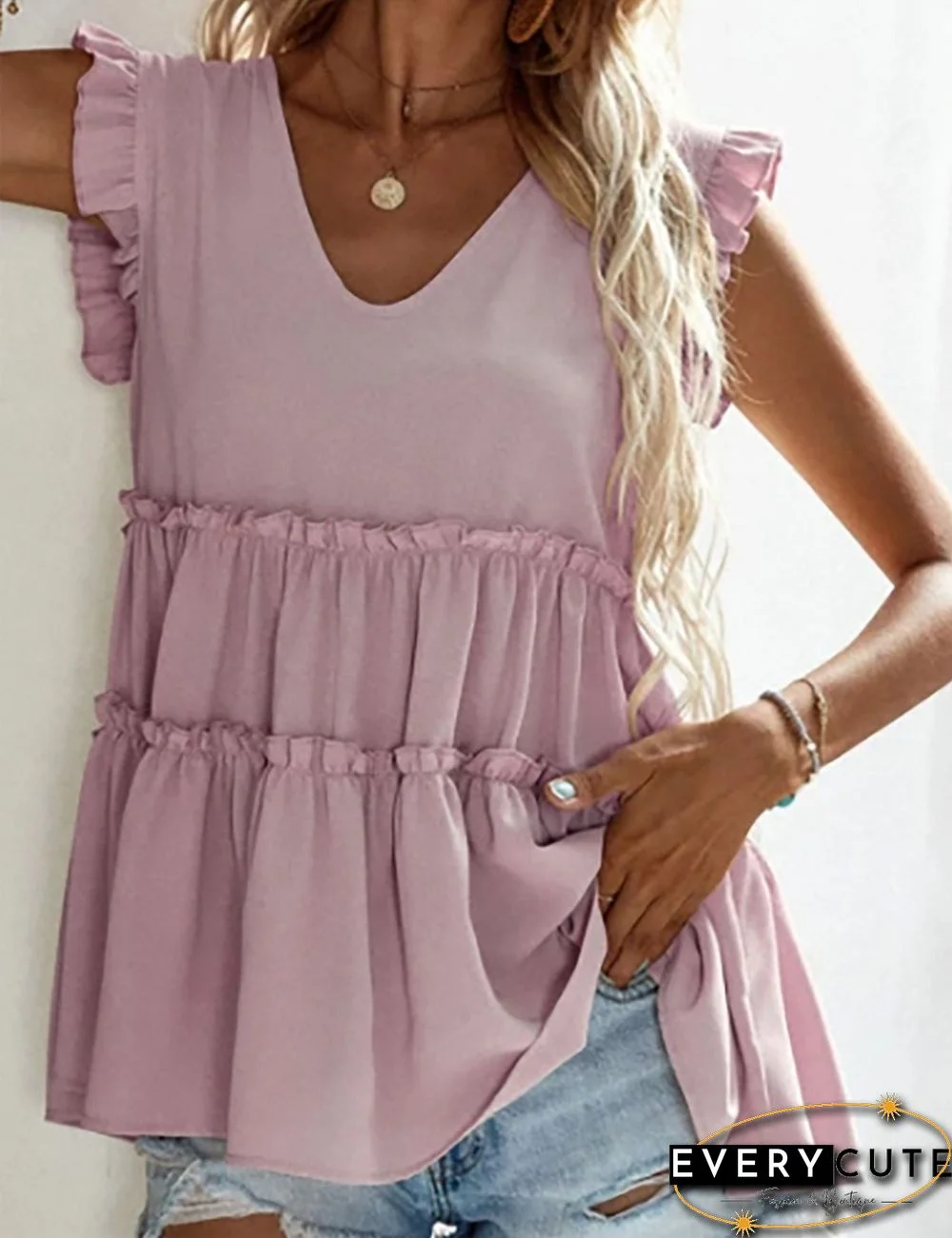 Light Pink V Neck Ruffles Sleeveless Tank Top