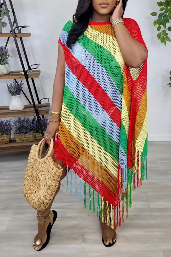 Leisurely Colorblock Fringe Hem Midi Dress