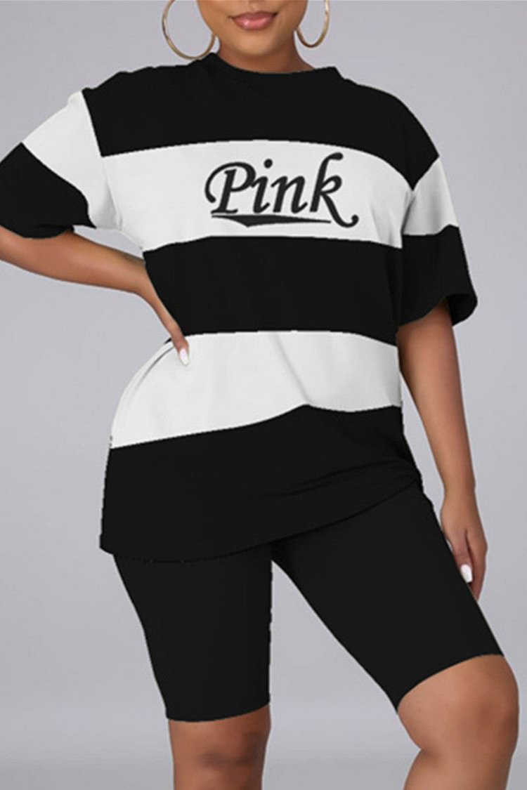 Fashion Casual Letter Print Basic O Neck Short Sleeve Two Pieces - BlackFridayBuys