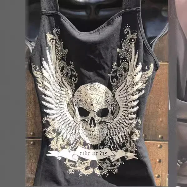 Wongn Wongn 2024 Alion Women's Skull Print Sleeveless Vest T-Shirt