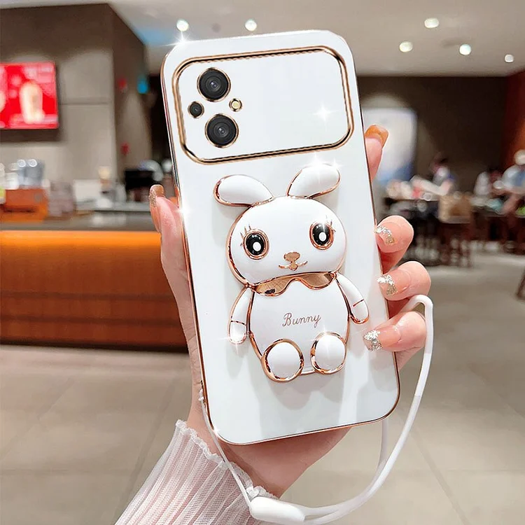 Cute Cartoon Rabbit Fold Stand For Xiaomi Poco M4 5G M5 4G Phone Case With Lanyard Luxury Plating Cover