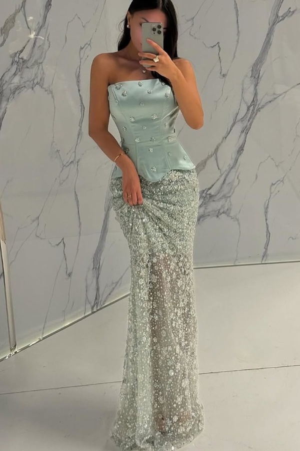 Ovlias Mint Green Strapless Straight Across Prom Dress Mermaid with Rhinestone JQ0066