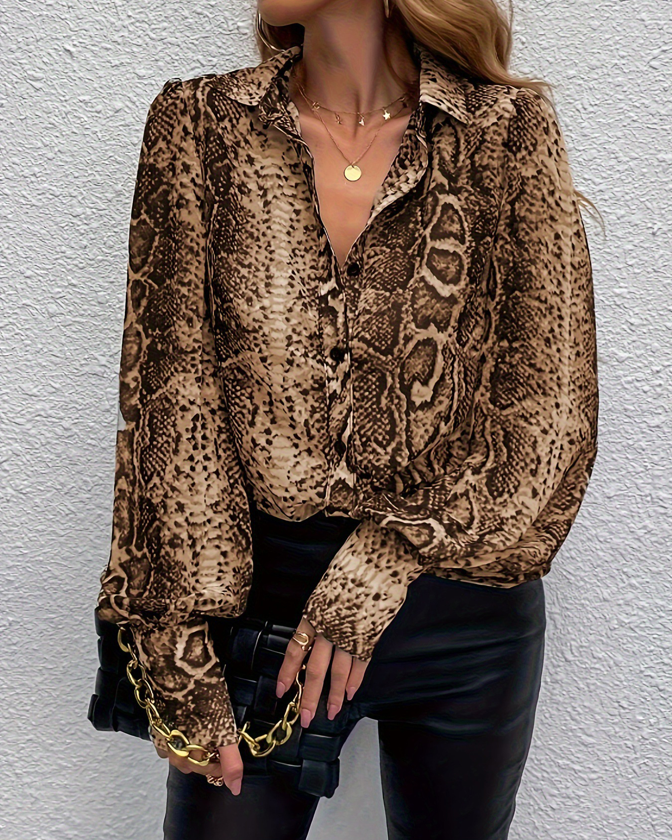 Snake Skin Print Single Breasted Balloon Sleeve Shirt