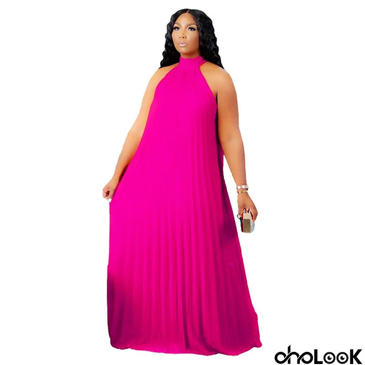 Women Fashion Casual Solid Color Pleated Sleeveless Plus Size Dress