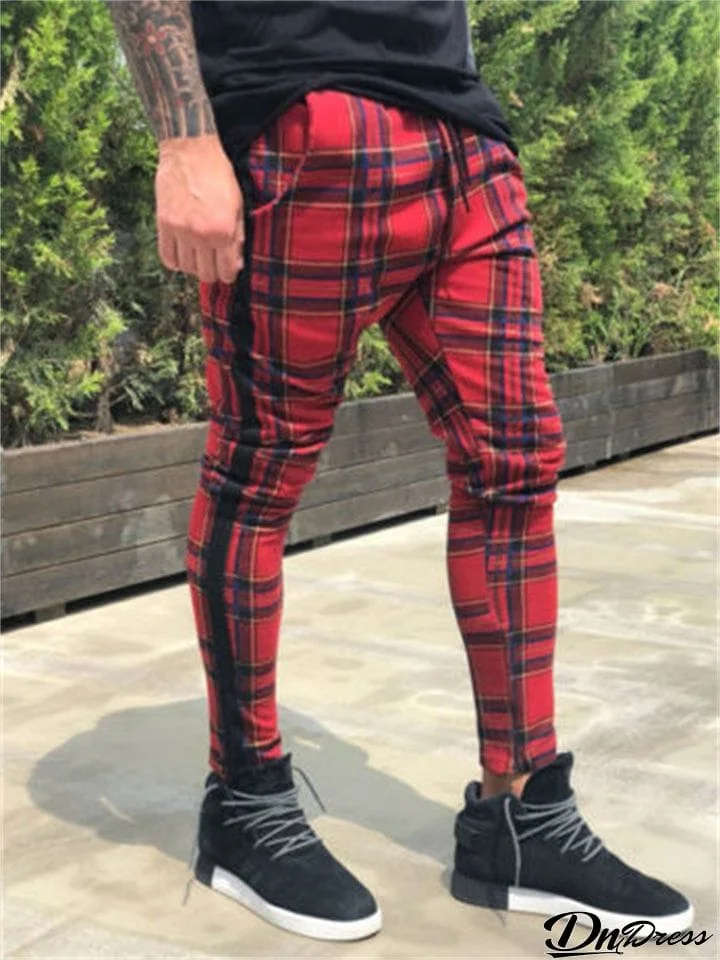 Trendy Hip-Hop Men's Plaid Drawstring Skinny Pants With Pockets