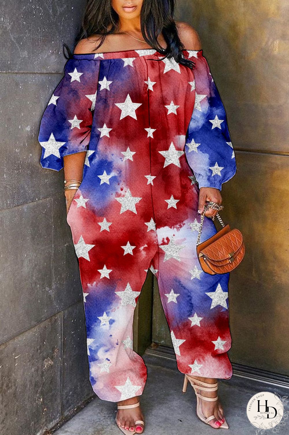 Red Blue Casual Print Backless Off the Shoulder Regular Jumpsuits