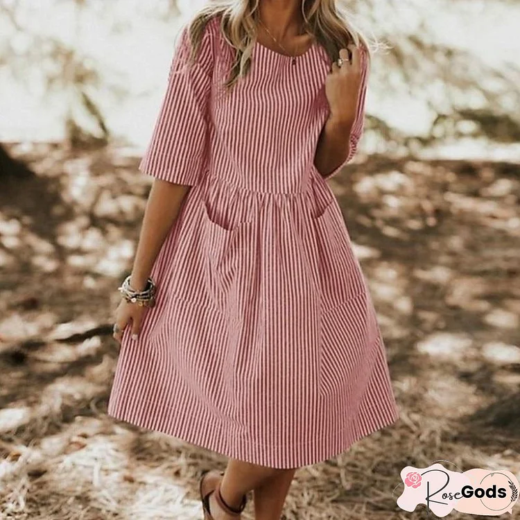 Women Large Size Summer Dress Cotton Neck Round Striped Pocket Loose Dresses