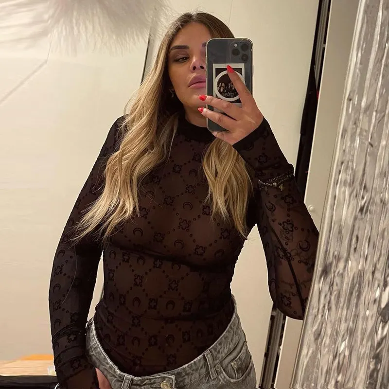 Uveng 2024 Summer Women's New Sexy Mesh Perspective Thin Half-High Collar Long-Sleeved Bottom Shirt