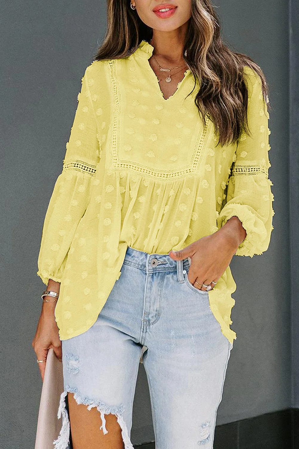 Yellow Swiss Dot Split Neck Ruffle Babydoll Blouse | IFYHOME
