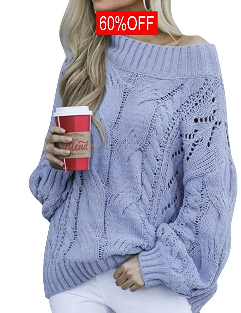 Women's Off The Shoulder Sweater Chunky Cable Knit Oversized Slouchy Pullover Tops