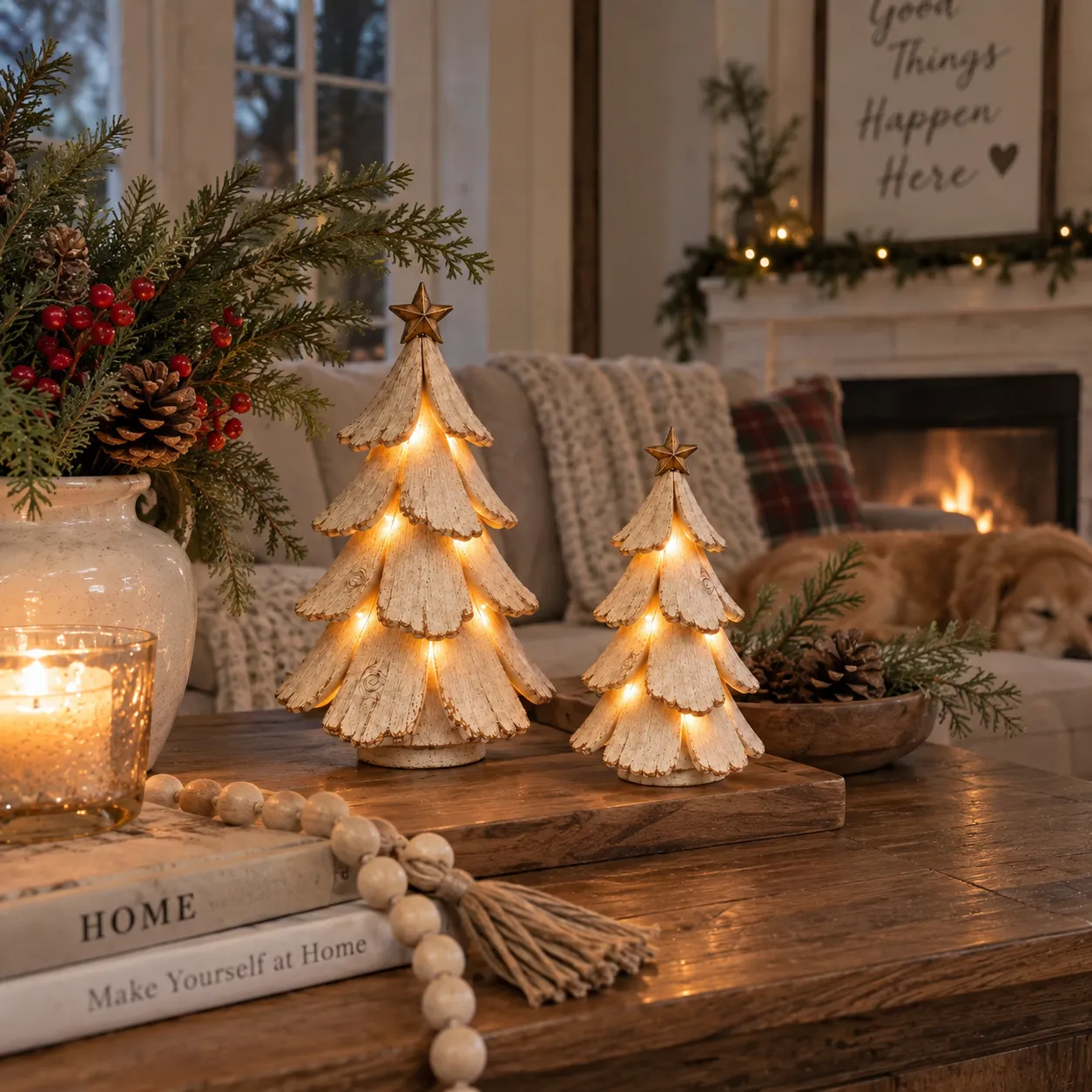 Large and small lighted Christmas trees styled together in a cozy home