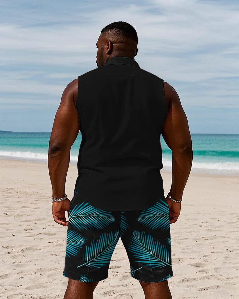 Men's Plus Size Hawaiian Black Fashion Plant Stitching Sleeveless Vest Shirt Shorts Suit