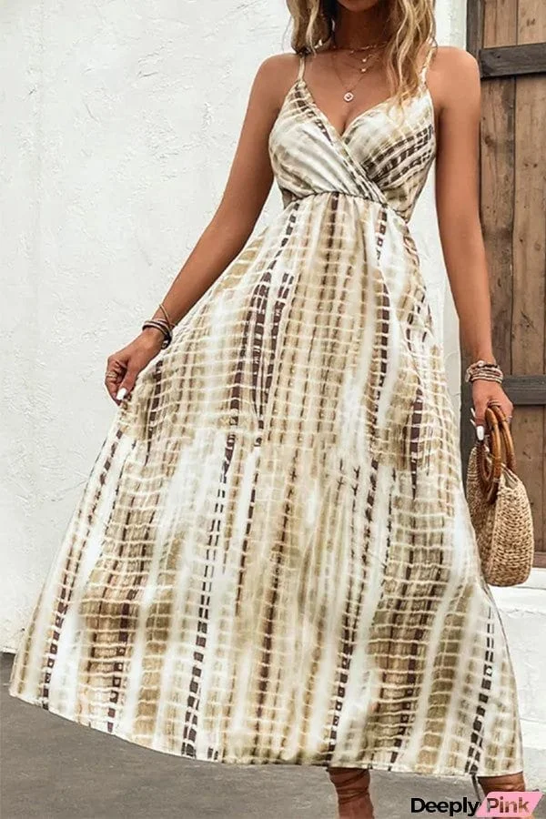 Printed V-neck With Suspenders Maxi Dress