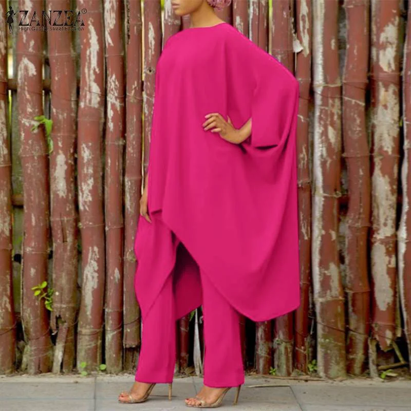 Oversize Solid Matching Sets Women Casual Batwing-Sleeve Irregular Top Elastic Waist Pant Work OL Pant Sets ZANZEA Retro Suits