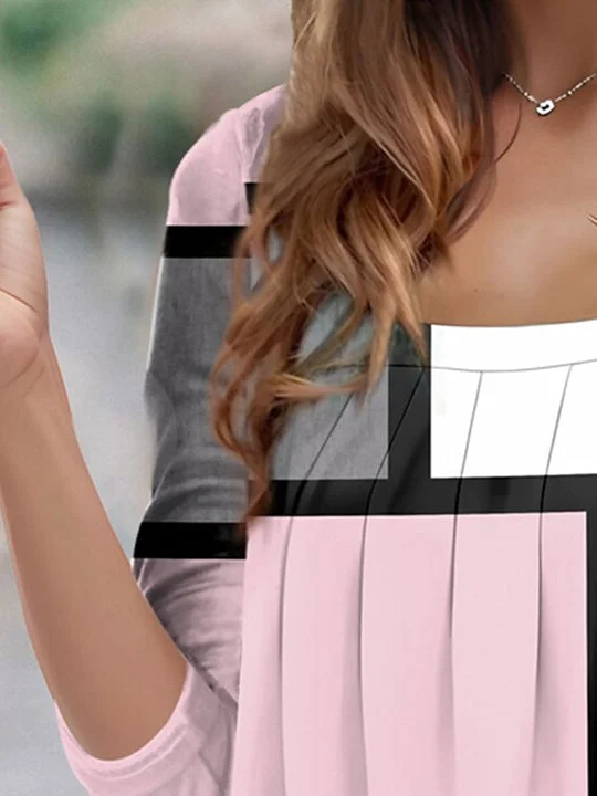 Women Long Sleeve U-neck Plaid Printed Graphic Tops