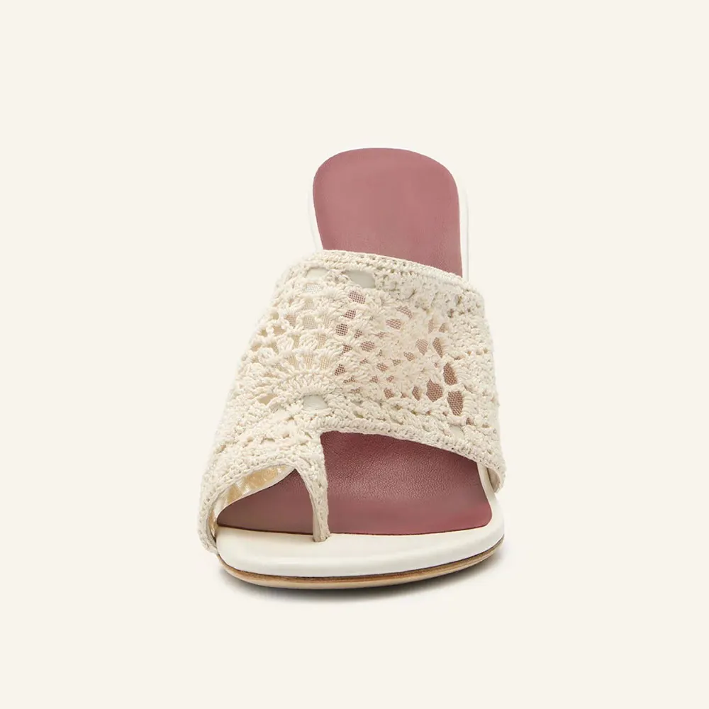 Women's Ivory Toe Loop Comfortable Crochet Cut Out Heeled Mules