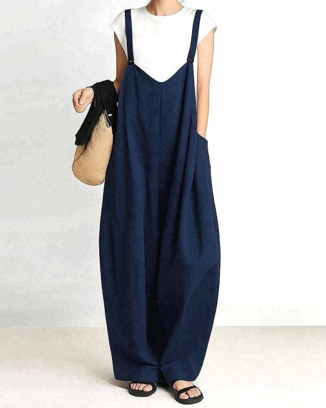Strap Sleeveless Side Pockets Loose Solid Color Jumpsuit