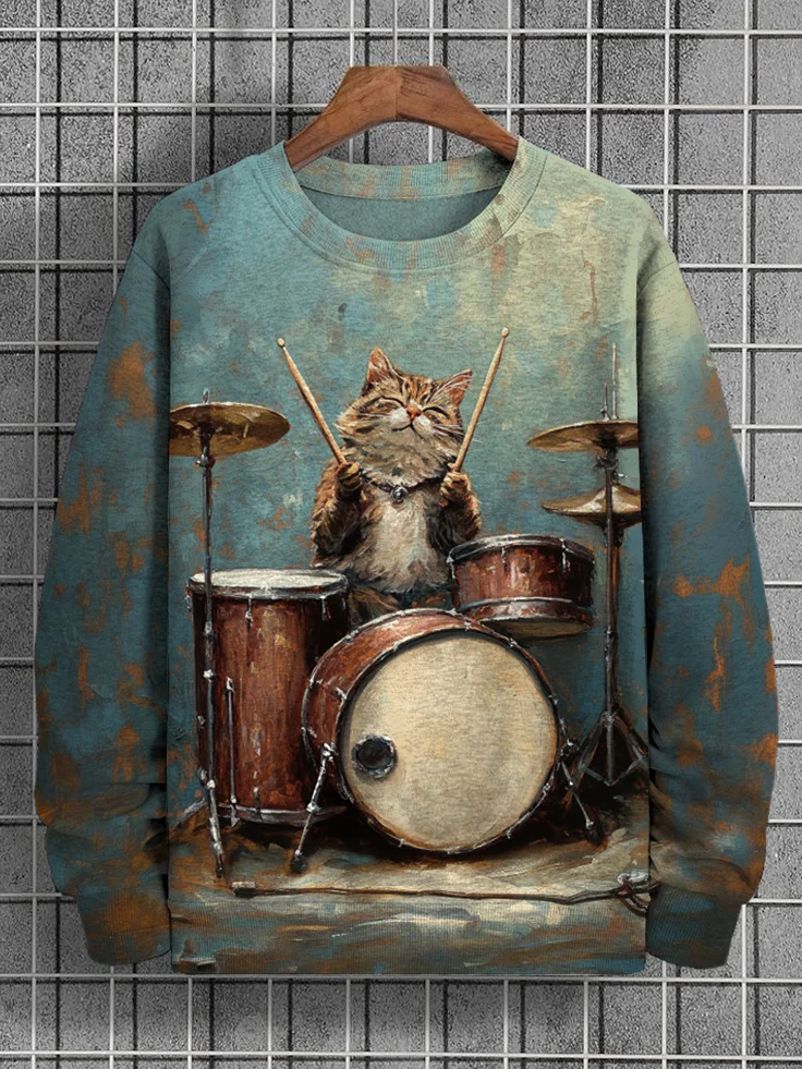Men's Christmas Rock Cat Playing Drum Oil Painting Print Casual Sweatshirt