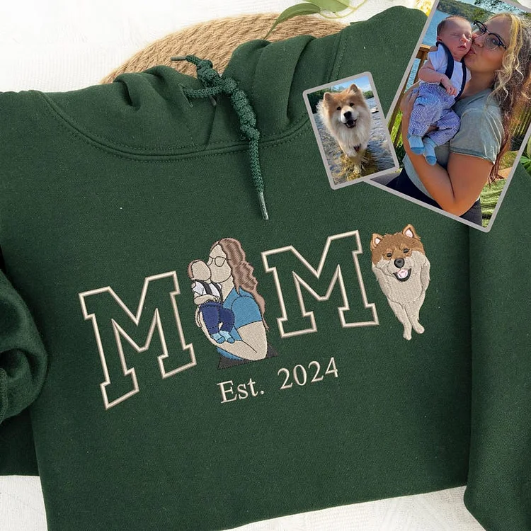 Custom Mama Hoodie with Photo, Embroidered Kids and Pet Portrait Sweatshirt