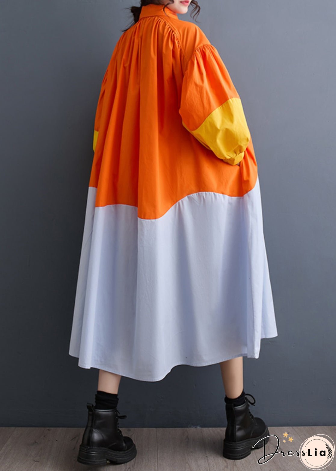 French Orange Peter Pan Collar Patchwork Wrinkled Maxi Shirts Dresses Spring
