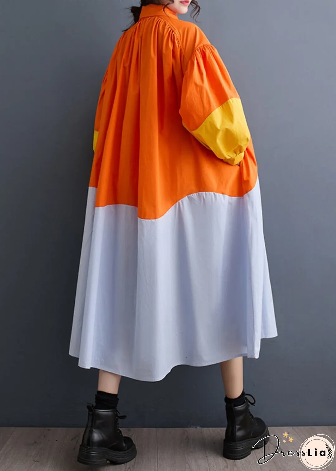 French Orange Peter Pan Collar Patchwork Wrinkled Maxi Shirts Dresses Spring
