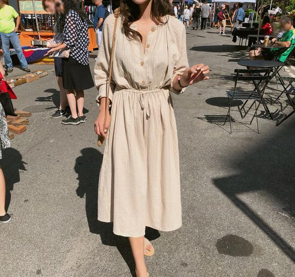 Vintage Autumn Long Shirt Cotton Round Collar Solid Color Sundress with Buttons