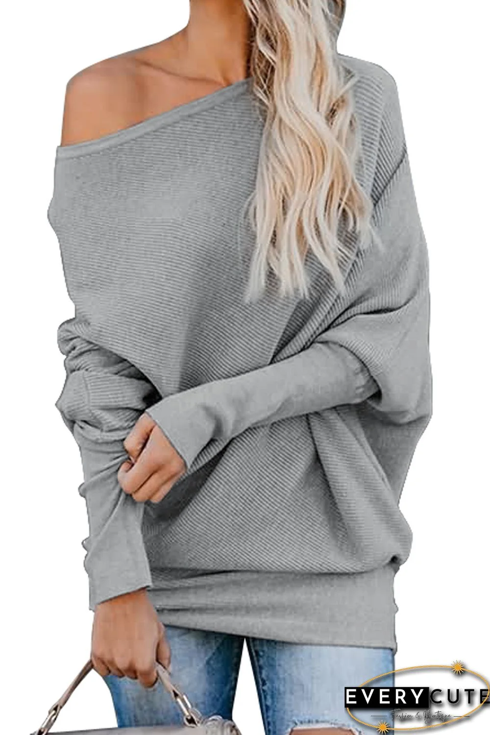 Gray Slouchy One Shoulder Dolman Sleeves Ribbed Sweater