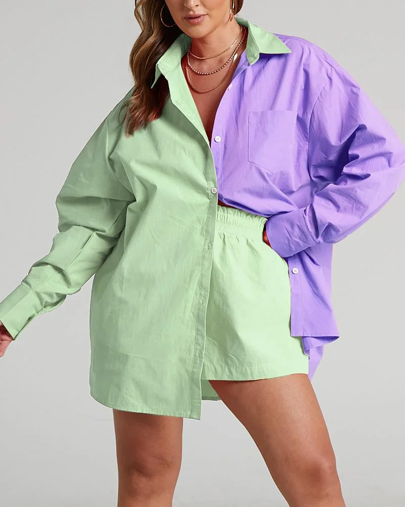 Casual Two Piece Colorblock Shirt & Shorts