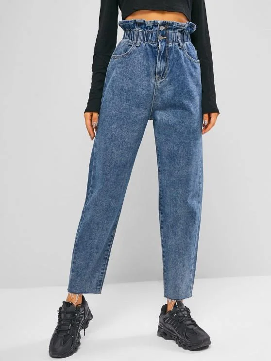 Frayed Hem Tapered Paperbag Jeans
