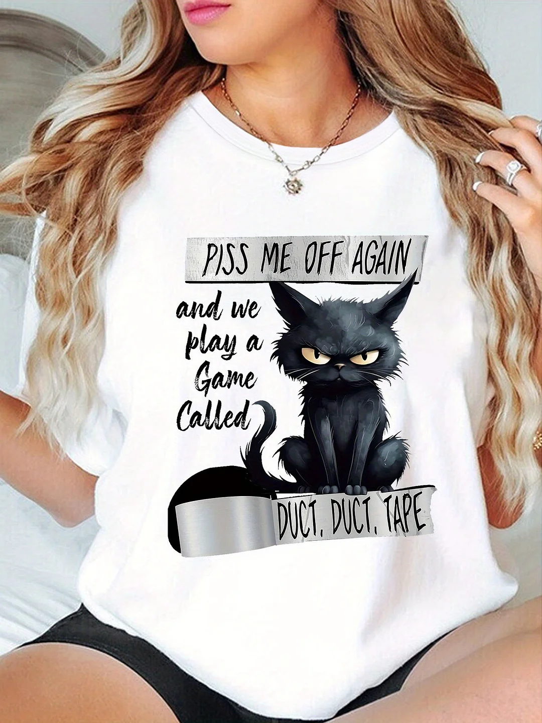 A Women's Casual Round Neck-Shirt With You Make Me Angry Again, Let's A Game Called Tape, Made Of Cottonknitted Fabric, Short Sleeves, Medium Elasticity, Suitable All Seasons 180g | IFYHOME