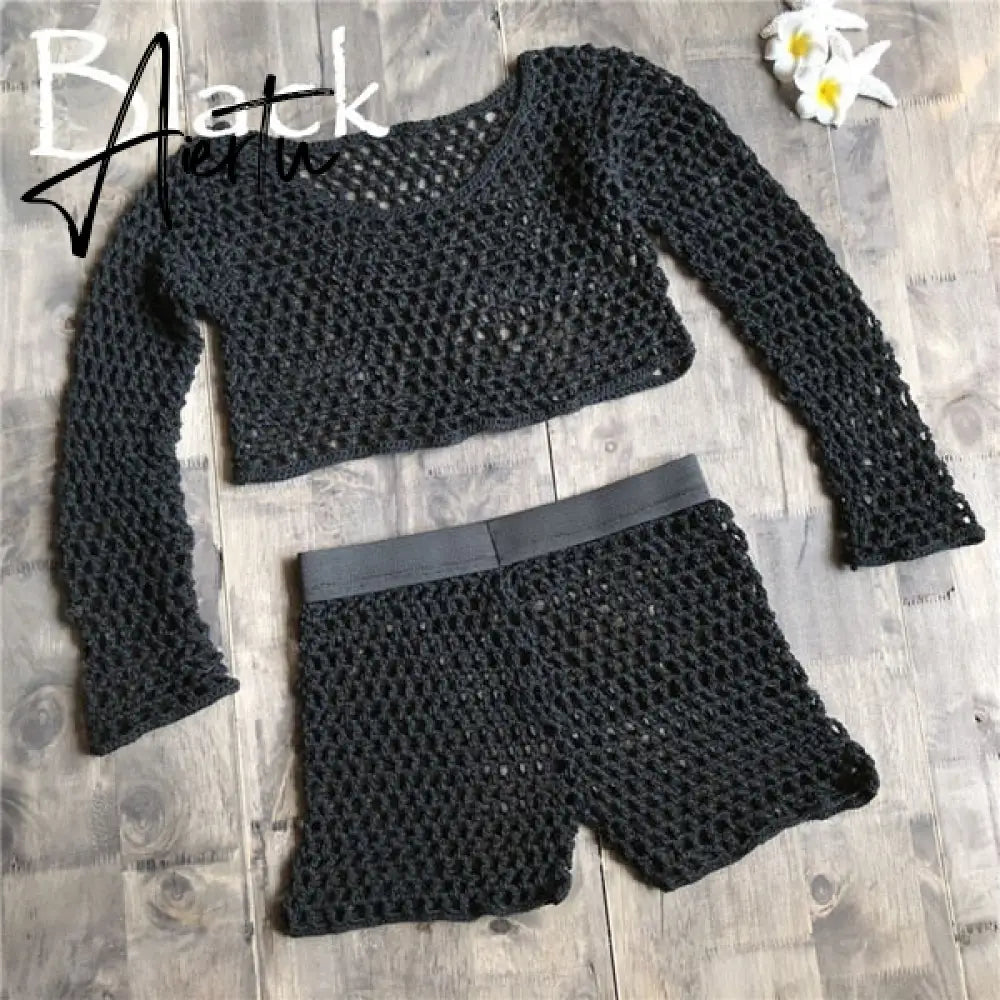 Swimsuit Female Bikini Crochet Beach Split Swimsuit Fishnet Hollow Out Mesh Bikini Cover Up Long Sleeve Beachwear Aiertu