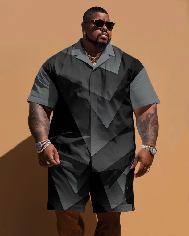 Men's Plus Size Simple Geometric Print Short Sleeve Shirt Shorts Set