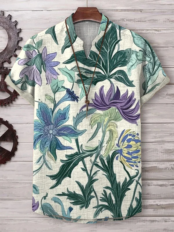 Men's Vintage Floral Art Print Casual V Neck T-Shirt
