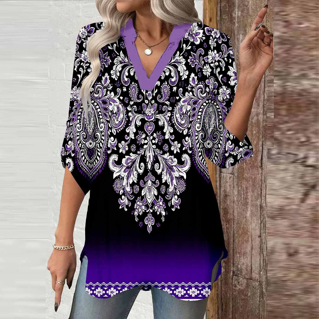 Women Retro,Purple DZGA0716 3/4 Sleeve V-neck Printed Graphic Button Tops