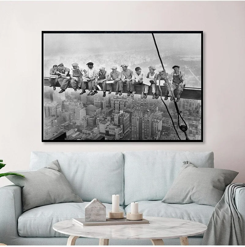 Vintage Canvas Painting  Home Decoration New York City View Lunch On a Skyscraper Wall Art Picture Black and White Poster