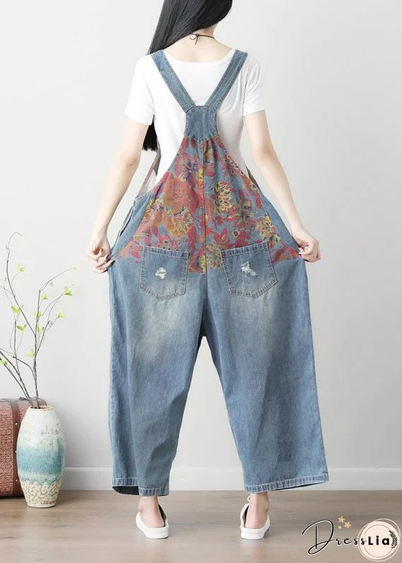 Simple Blue Patchwork Print Wide Leg Carpenter Pants Spring