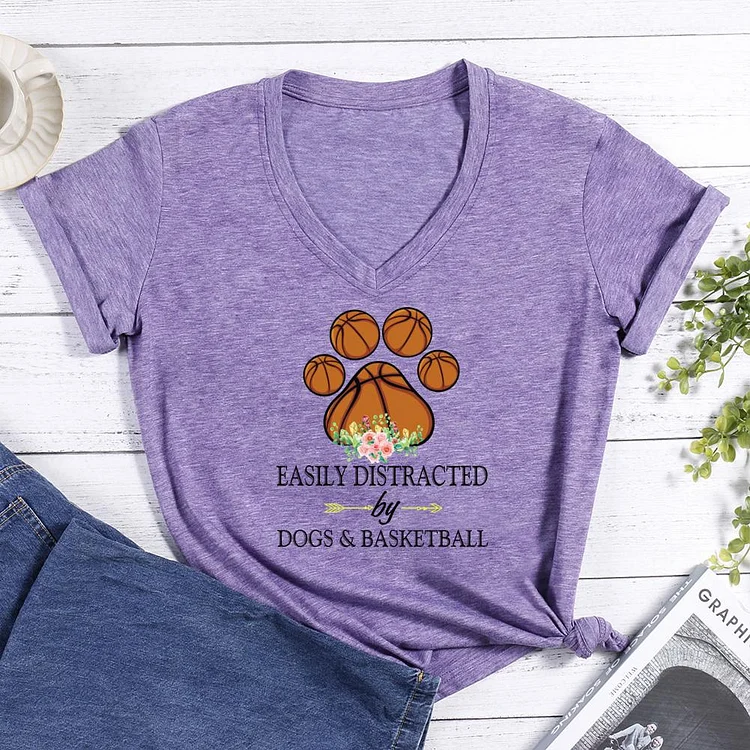 Easily distracted by dogs and basketball V-neck T Shirt