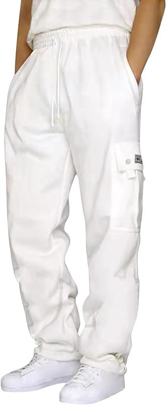 Men's Heavyweight Cargo Fleece Sweatpants Stretch Elastic Waist Trousers Drawstring Loose Fit Joggers With Pockets