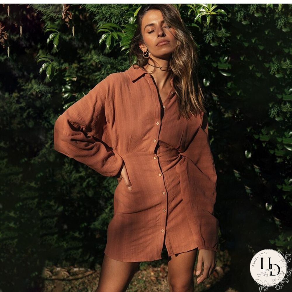 Autumn Winter Mini Shirt Dress Women's New Fashion Casual Solid Lantern Sleeve Turn-down Collar Button Beach Dresses For Femme