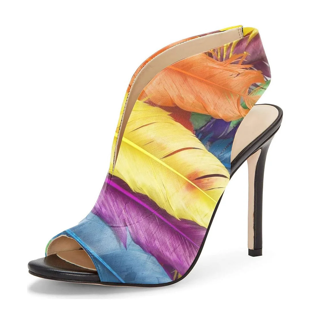 Colorful Feather Printed Peep Toe Slingback Heels Sandals by YDN