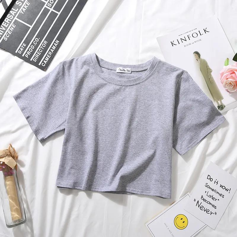 Churchf Churchf Top White Short T-Shirt Female Summer Short Sleeve Korean Version Pure Color Students High Waist Leakage Navel Loose Versatile