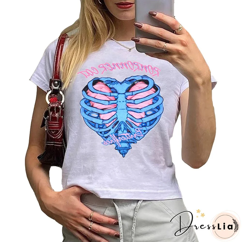 Women’s Causal Short Sleeve T-shirt Personality Printing Round Neck Exposed Navel Tops